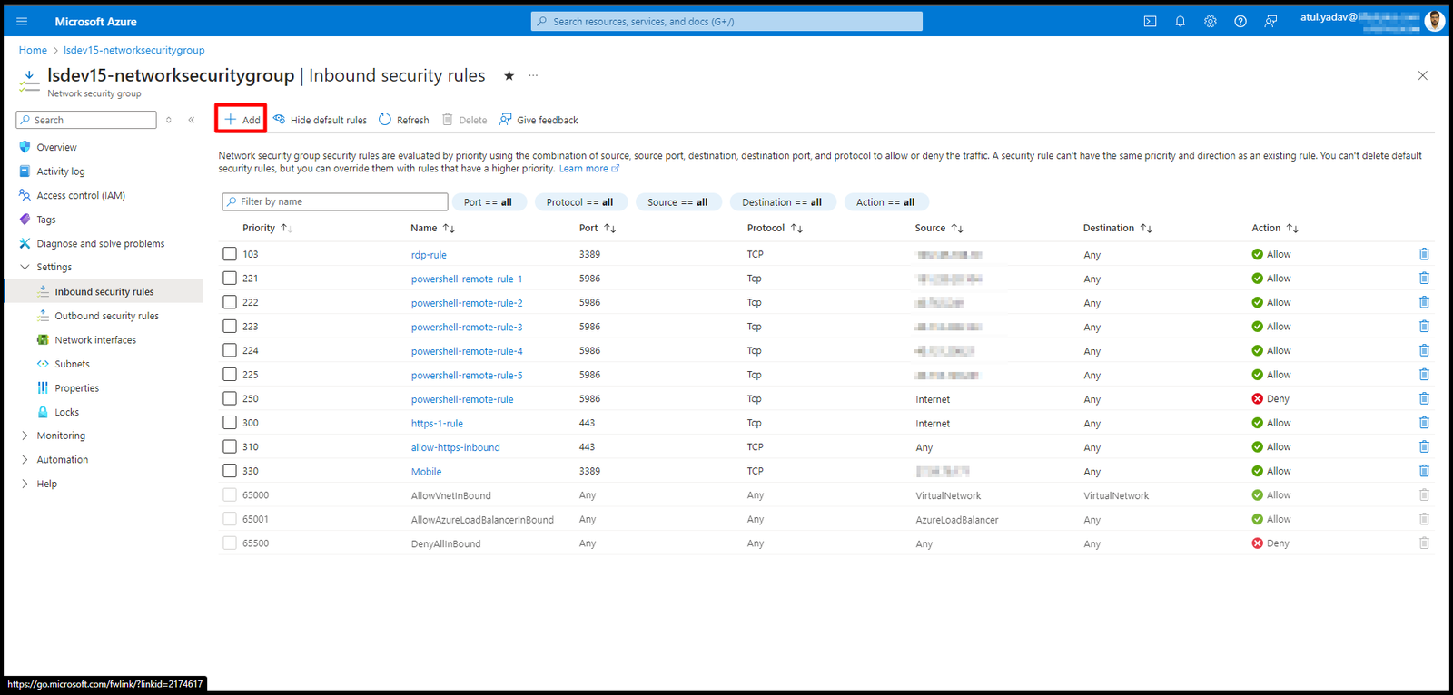 Add Inbound security rules