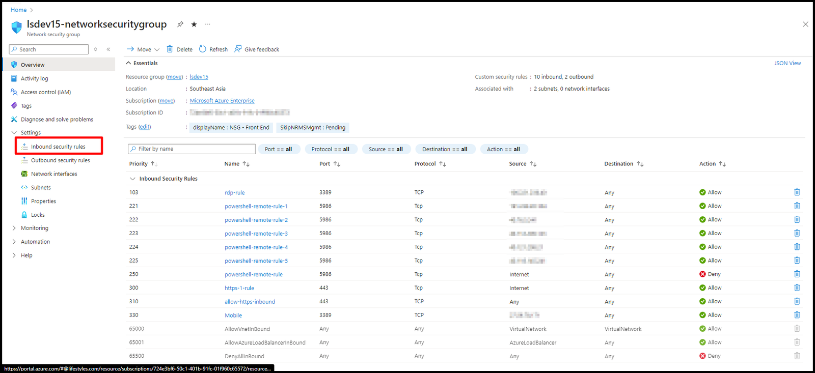 Inbound security rules