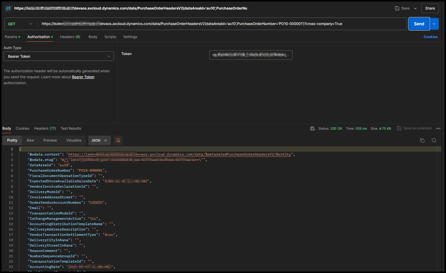 Payload after calling the data entity of D365 using postman