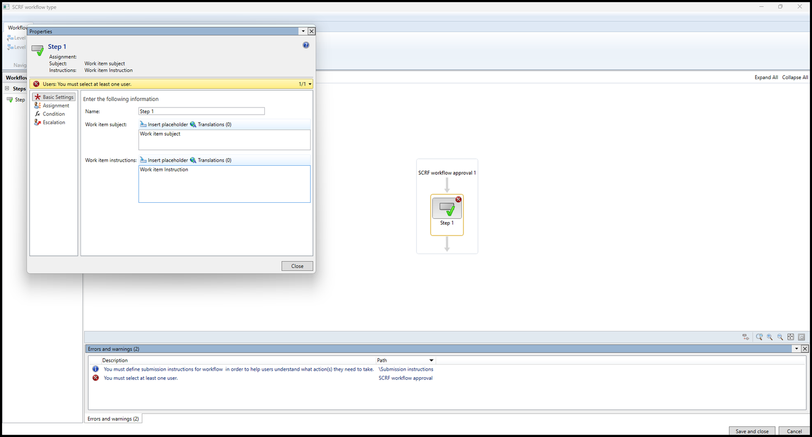 Work item subject and instruction in workflow configuration