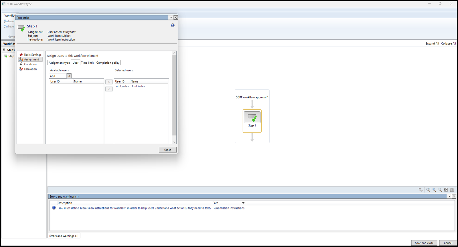 Workflow configuration assignment user