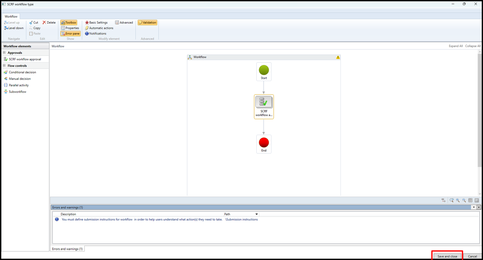 Close and save workflow configuration