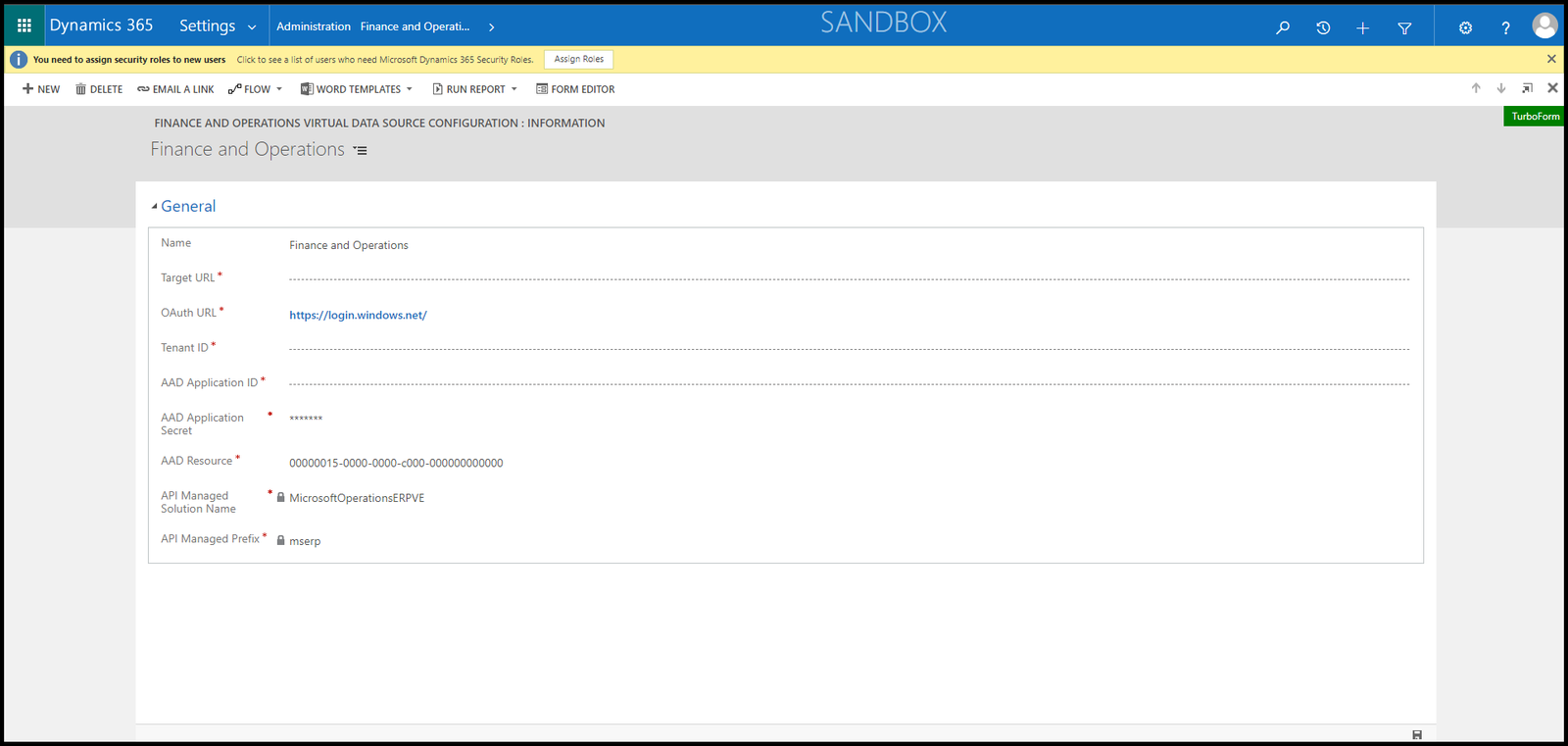 Finance and Operations Virtual Data Source Configuration Information