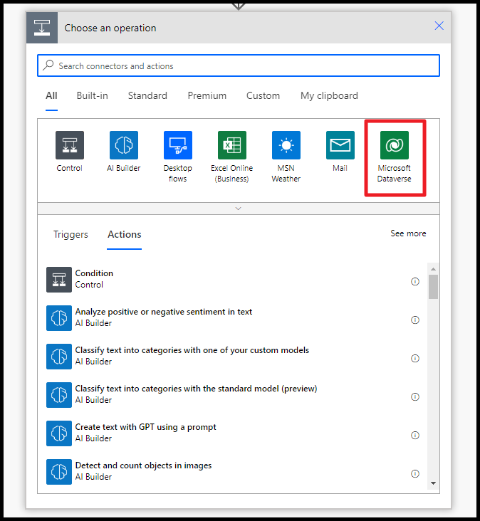 Microsoft Dataverse action in Power automate