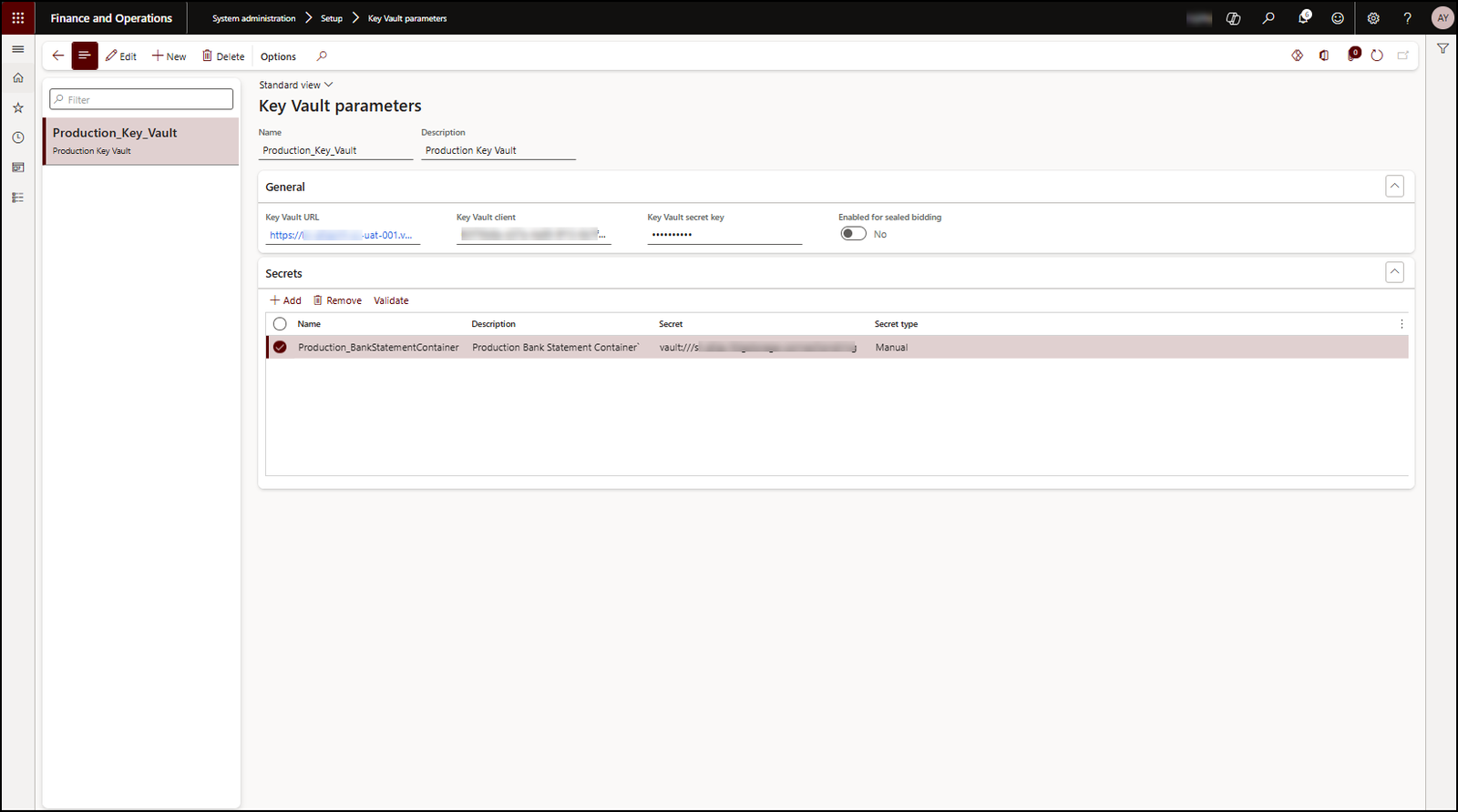 Key Vault Parameters Form in D365 F&O